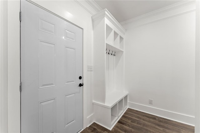 mudroom featuring ornamental molding, dark wood-style flooring, and baseboards