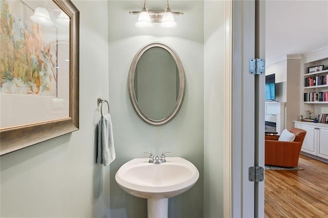 bathroom featuring a glass covered fireplace, built in shelves, a sink, and wood finished floors
