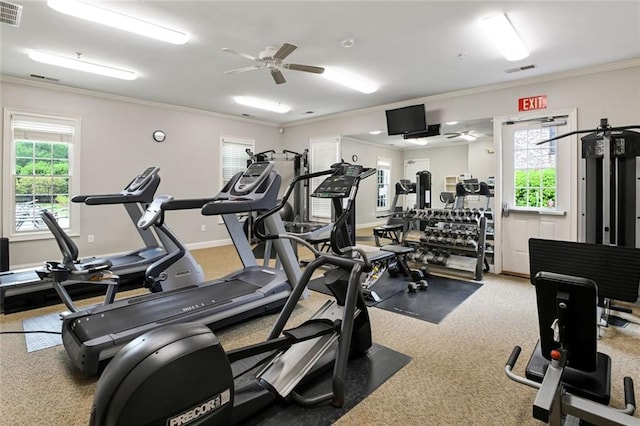 workout area featuring a wealth of natural light, a ceiling fan, and visible vents