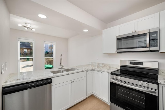 kitchen with a peninsula, appliances with stainless steel finishes, a sink, and white cabinetry