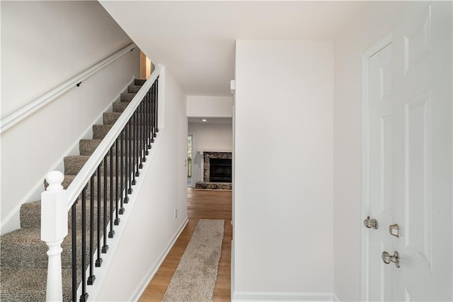 staircase featuring wood finished floors and a stone fireplace