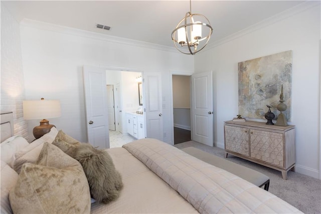 bedroom with ornamental molding, light colored carpet, and a notable chandelier