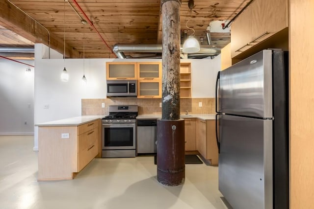kitchen featuring stainless steel appliances, a peninsula, decorative backsplash, glass insert cabinets, and light brown cabinets