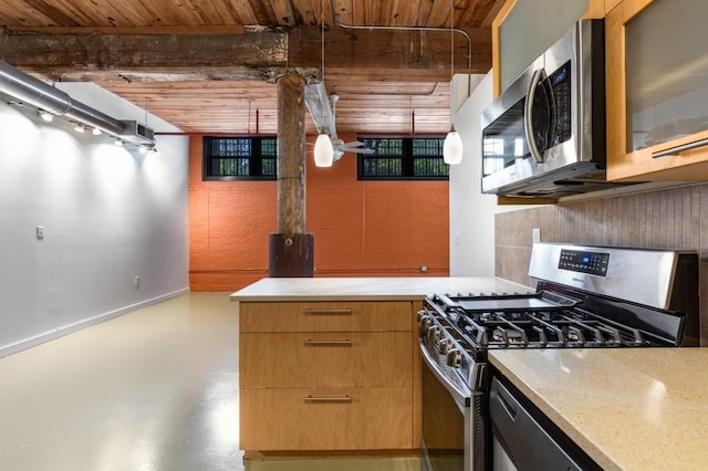 kitchen with wood ceiling, glass insert cabinets, finished concrete flooring, and appliances with stainless steel finishes