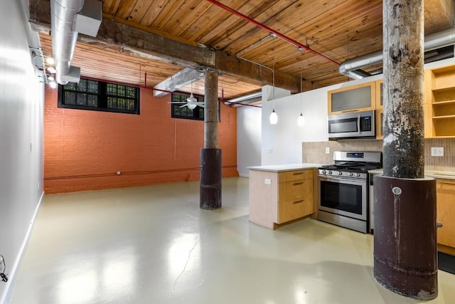 kitchen with tasteful backsplash, glass insert cabinets, pendant lighting, concrete floors, and appliances with stainless steel finishes