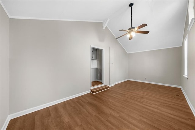 bonus room with vaulted ceiling with beams, wood finished floors, baseboards, and ceiling fan