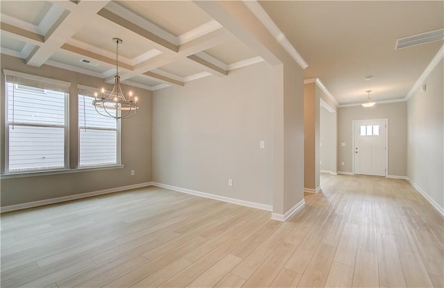 616 Gratton Ln, Mcdonough, GA 30253 - unfurnished room featuring a chandelier, light wood-style floors, beamed ceiling, and crown molding
