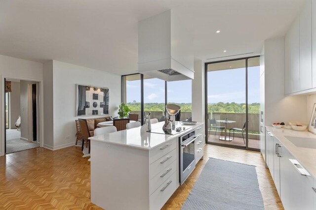 kitchen with white cabinetry, a wealth of natural light, a center island, oven, and custom exhaust hood