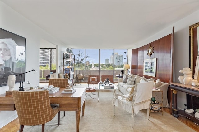 interior space with expansive windows and light parquet flooring