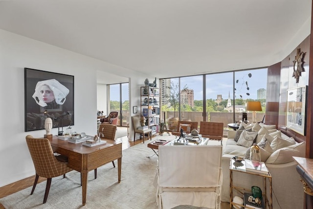 living room with a wall of windows