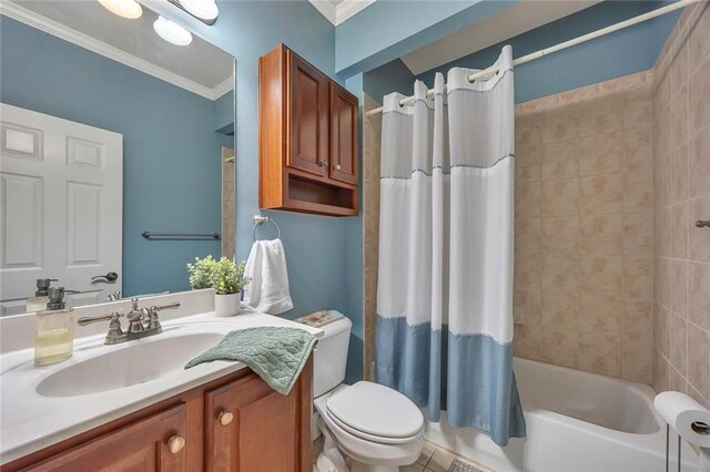 bathroom featuring ornamental molding, toilet, shower / bathtub combination with curtain, and vanity
