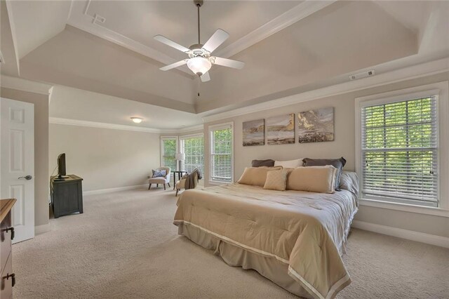 carpeted bedroom featuring a raised ceiling, baseboards, ornamental molding, and ceiling fan