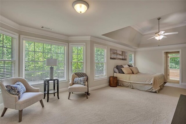 bedroom with multiple windows, carpet floors, baseboards, crown molding, and a ceiling fan