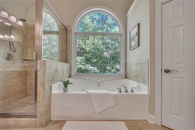 full bath with plenty of natural light, a garden tub, and a tile shower