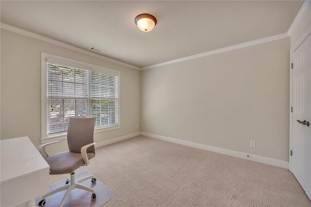 office area with crown molding, carpet flooring, and baseboards