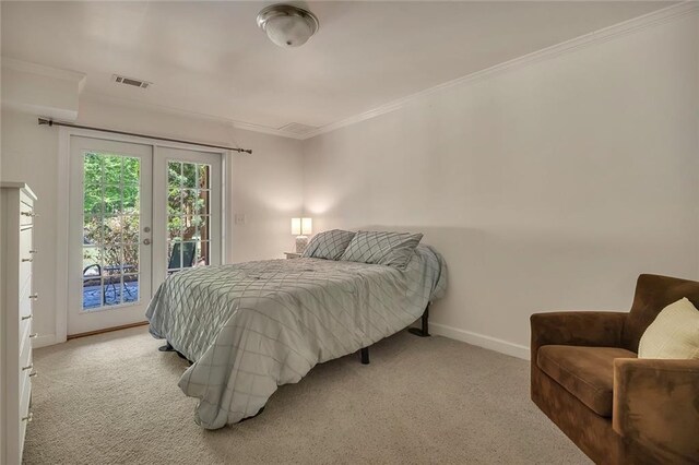 bedroom featuring light colored carpet, access to exterior, baseboards, ornamental molding, and french doors