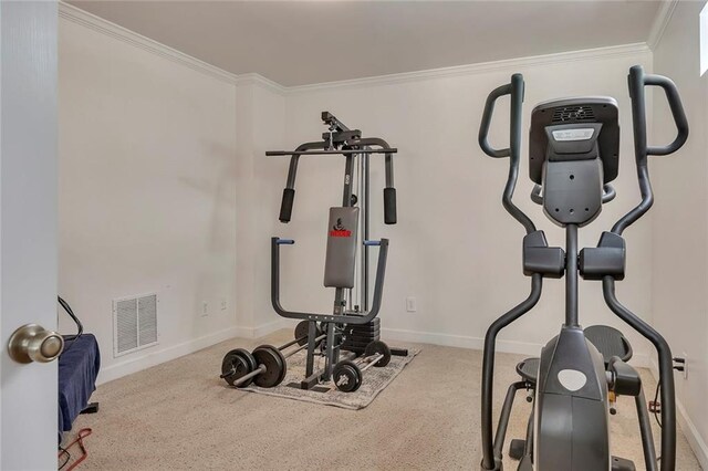 workout area featuring baseboards, carpet flooring, and ornamental molding