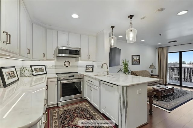 kitchen with stainless steel appliances, a peninsula, dark wood-style flooring, a sink, and white cabinetry