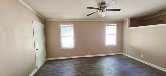 unfurnished room with ceiling fan, plenty of natural light, crown molding, and dark hardwood / wood-style floors