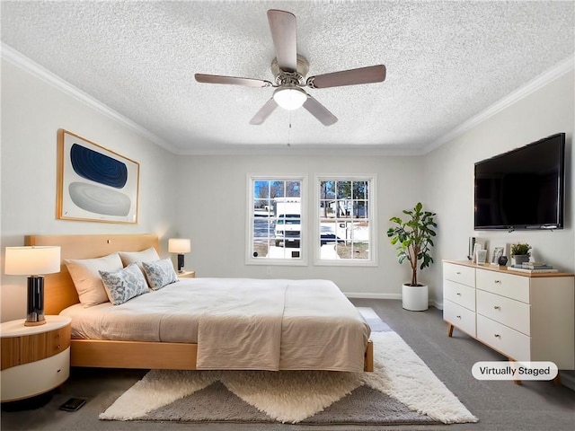 bedroom featuring a textured ceiling, a ceiling fan, baseboards, carpet, and crown molding