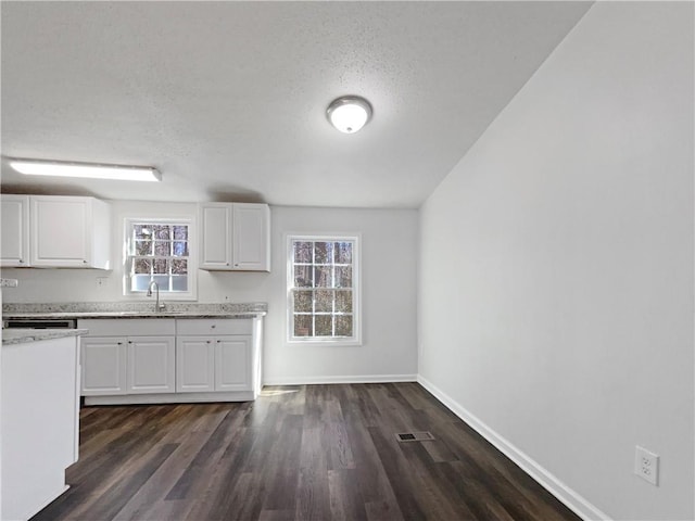 kitchen with a sink, visible vents, white cabinetry, baseboards, and dark wood finished floors