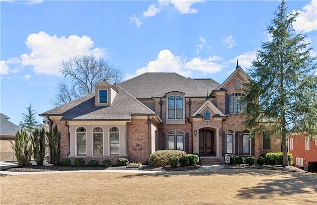 french provincial home with brick siding and a shingled roof