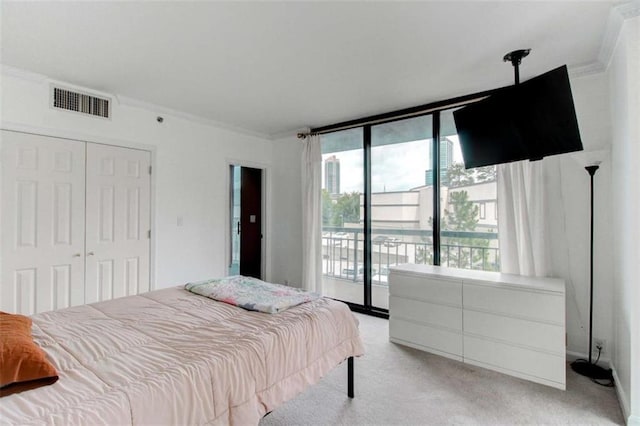 3481 Lakeside Dr NE Unit 902, Atlanta, GA 30326 - bedroom with access to outside, light colored carpet, crown molding, a closet, and a wall of windows