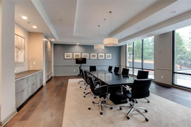 3481 Lakeside Dr NE Unit 902, Atlanta, GA 30326 - home office with wood-type flooring, a raised ceiling, plenty of natural light, ornamental molding, and recessed lighting
