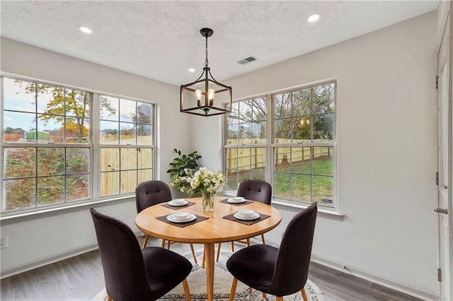 dining room featuring a chandelier, wood finished floors, visible vents, and a healthy amount of sunlight