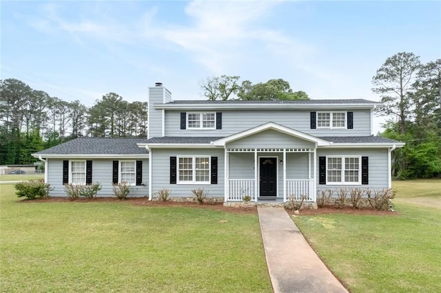 traditional home featuring a porch, a front lawn, and a chimney