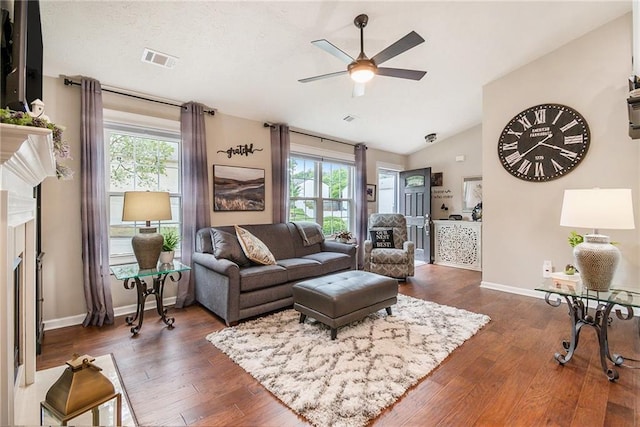 624 Spanish Oak Dr, Acworth, GA 30102 - living area with a ceiling fan, lofted ceiling, plenty of natural light, and dark wood-type flooring