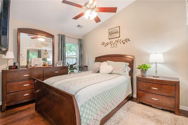 624 Spanish Oak Dr, Acworth, GA 30102 - bedroom featuring vaulted ceiling, wood finished floors, a ceiling fan, and baseboards