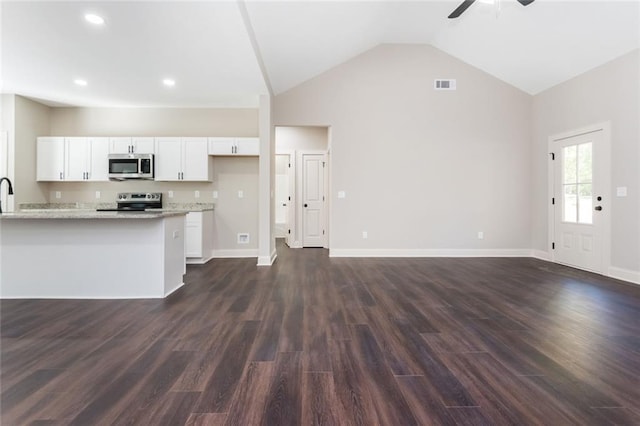 262 Stephens Rd, Cedartown, GA 30125 - kitchen with stainless steel appliances, white cabinets, a ceiling fan, dark wood-style floors, and lofted ceiling