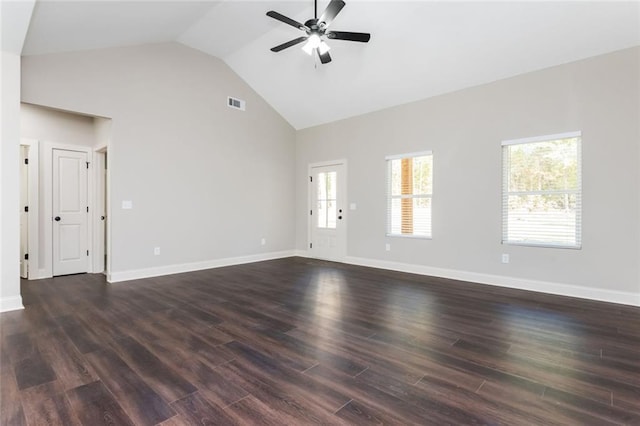 262 Stephens Rd, Cedartown, GA 30125 - unfurnished living room featuring ceiling fan, high vaulted ceiling, dark wood finished floors, and baseboards
