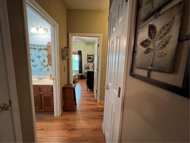 hallway with light wood-style floors and a sink
