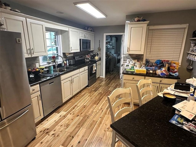 kitchen featuring stainless steel appliances, backsplash, white cabinets, a sink, and light wood-type flooring