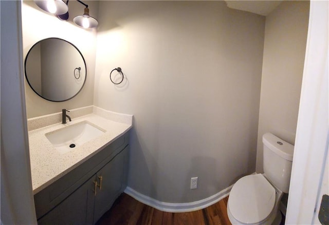 bathroom featuring toilet, vanity, and wood-type flooring