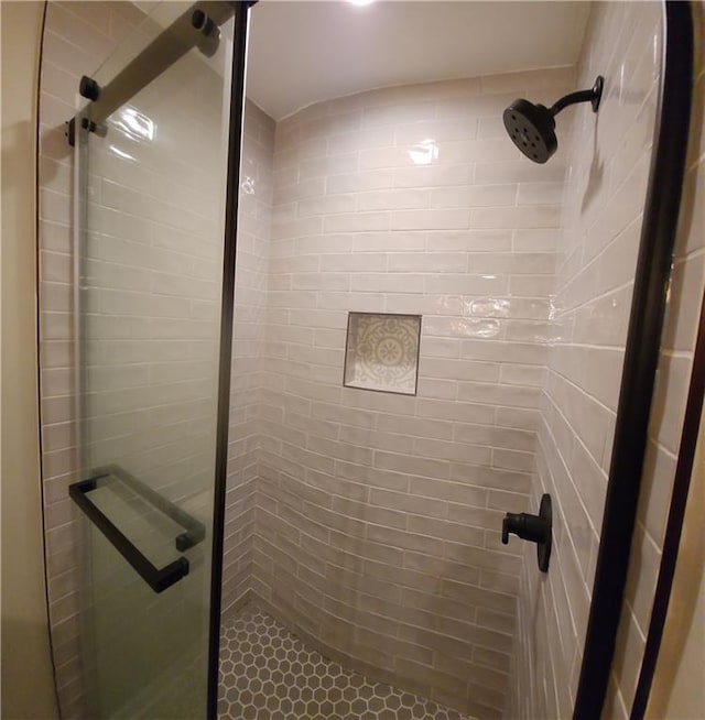 bathroom featuring a shower with shower door