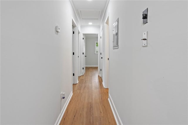 corridor featuring electric panel, attic access, light wood-type flooring, baseboards, and recessed lighting