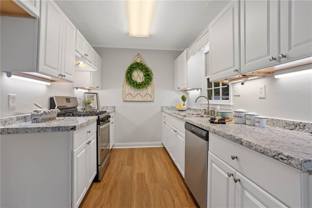 kitchen with white cabinetry, under cabinet range hood, a sink, light wood finished floors, and stainless steel appliances