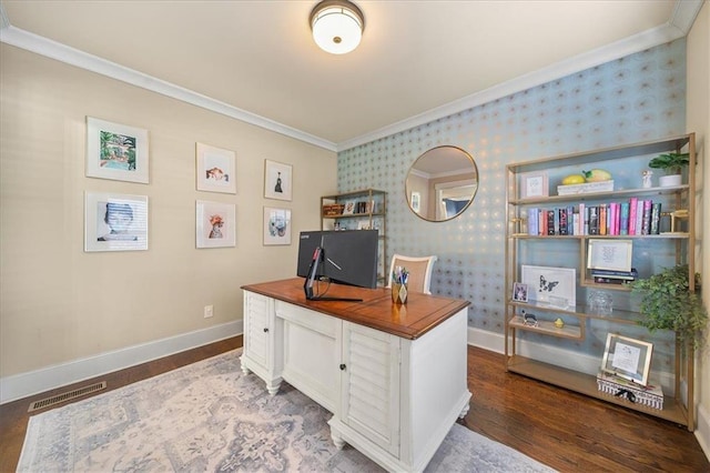 office area featuring dark wood-type flooring and ornamental molding