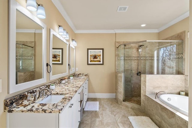 bathroom featuring vanity, independent shower and bath, and ornamental molding