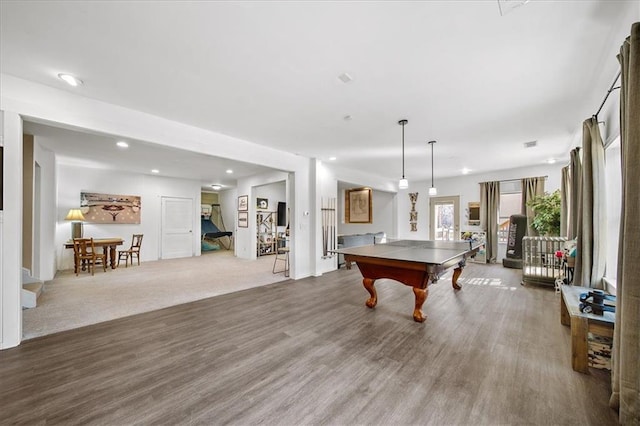 rec room featuring wood-type flooring and billiards