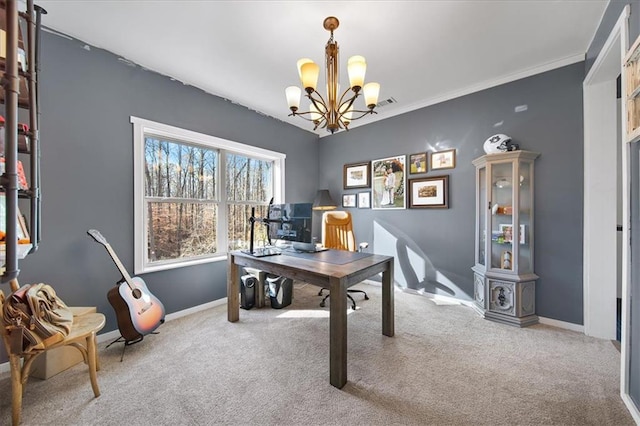 home office with carpet flooring, crown molding, and a chandelier