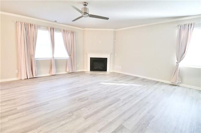 243 Hummingbird Trl, Dallas, GA 30132 - unfurnished living room featuring ornamental molding, a ceiling fan, wood finished floors, and a fireplace