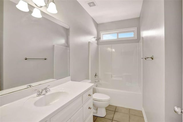 full bath with toilet, visible vents, vanity,  shower combination, and tile patterned floors