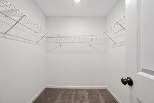 spacious closet featuring dark carpet