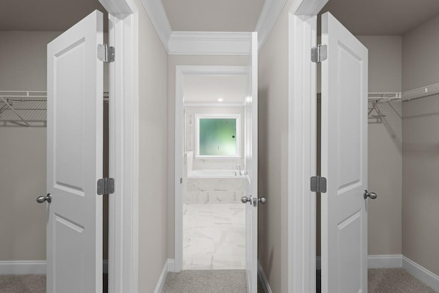 corridor featuring crown molding and light colored carpet