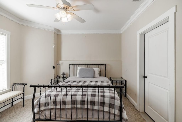 bedroom featuring ornamental molding, light colored carpet, and baseboards