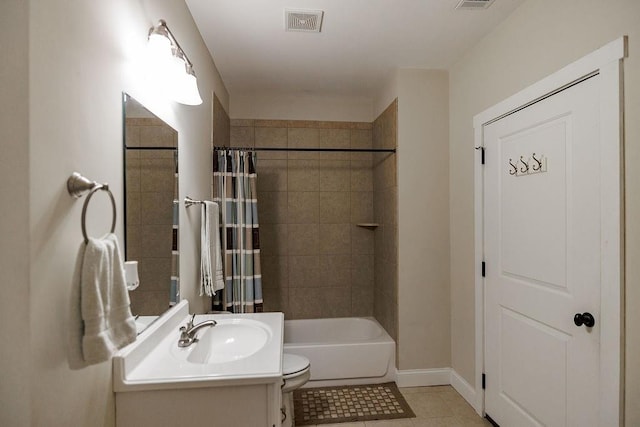 bathroom featuring visible vents, shower / bath combination with curtain, tile patterned flooring, and toilet